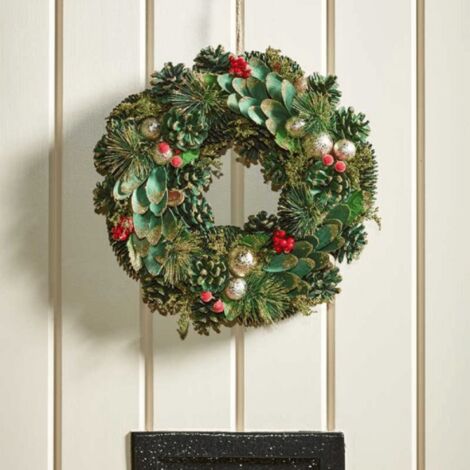 50cm Bauble and Pinecone Hanging Christmas Wreath with Red Berries (1/4)