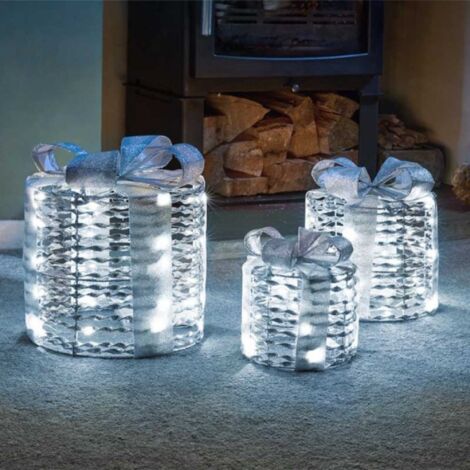 Set of 3 Battery Operated Silver Christmas Glitter Twist Gift Boxes with Cool White LEDs (1/4)