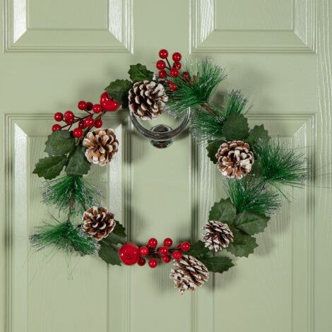 45cm Hanging Christmas Wreath with Red Berries and Frosted Pinecones (1/5)