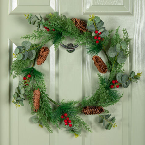 50cm Hanging Christmas Eucalyptus Wreath with Red Berries and Pinecones (1/5)