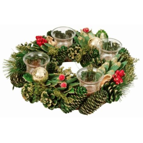 33cm Christmas Bauble Quartet Candle Holder with Pinecones and Red Berries (1/2)