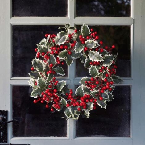 40cm Hanging Christmas Wreath with Red Berries and Holly Leaves