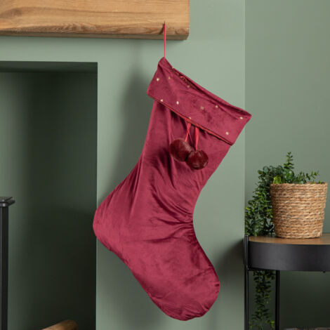 70cm Hanging Burgundy Velour Star Print Christmas Stocking with Pom Poms (1/5)