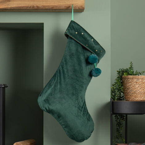 70cm Hanging Dark Green Velour Star Print Christmas Stocking with Pom Poms (1/5)