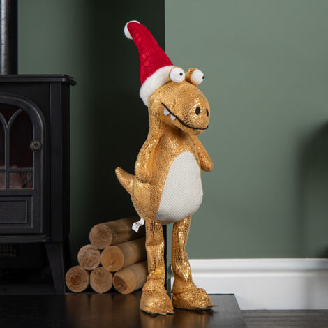 70cm Tall Gold Plush Santa-Saurus Dino Standing Christmas Decoration with Santa Hat (1/5)