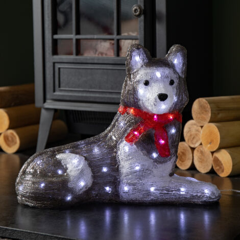 28cm Light up Acrylic Christmas Husky with Red Scarf Decoration and White LEDs (1/5)
