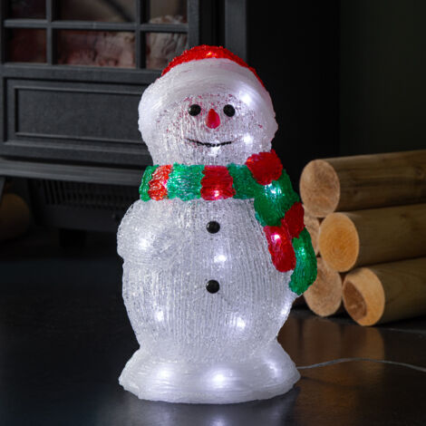 30cm Light up Acrylic Christmas Snowman in Red and Green Scarf with White LEDs (1/5)