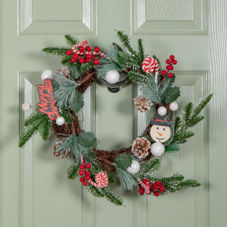 40cm Candy Swirls Christmas Wreath with Pinecones Red Berries and Candy Canes (1/5)