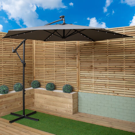 Samuel Alexander 3m Solar Powered Cantilever Lit Banana Garden Parasol with Crank Handle & White LED Lights in Grey