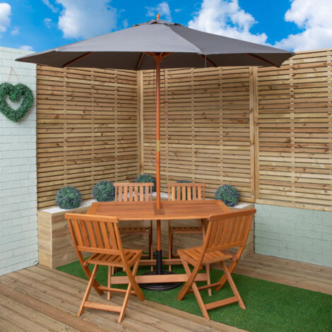 Outdoor 4 Person Folding Rectangular Wooden Garden Dining Table Chairs Grey Parasol and Base Set (1/5)