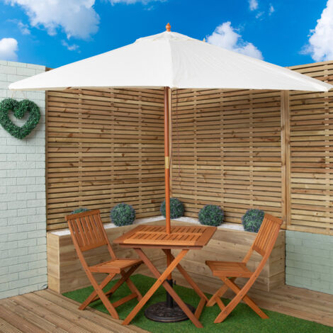 Outdoor 2 Person Folding Wooden Garden Dining Table Chairs Cream Parasol and Base Set (1/5)