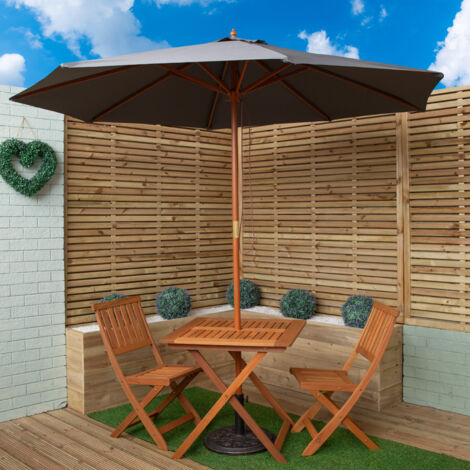 Outdoor 2 Person Folding Wooden Garden Dining Table Chairs Grey Parasol and Base Set (1/5)