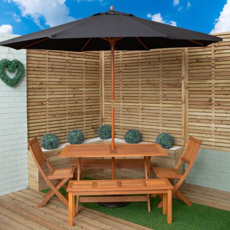 Outdoor 6 Person Rectangular Wooden Garden Dining Table, 2 Benches, Chairs with Black Parasol and Base Set (1/5)