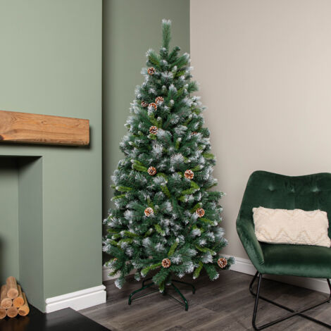 6ft (1.8m) Frosted Glacier Pine Snow Tipped Christmas Tree with Pine Cones and 710 Tips (1/5)
