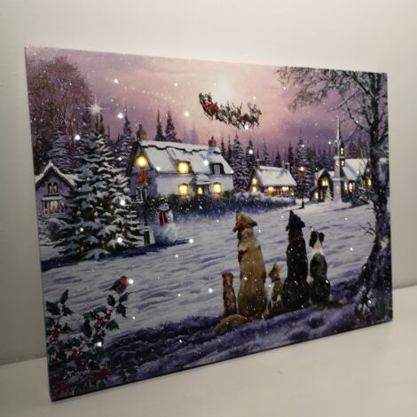 40 x 30cm Tap Activated Fibre Optic Christmas Wall Art Canvas with Dogs Watching Santa Scene (1/5)