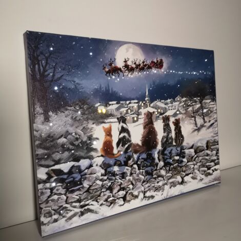 40 x 30cm Snowtime Touch Operated Cats Christmas Fibre Optic Wall Canvas