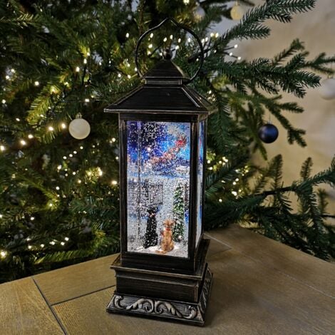 31cm Snowtime Dual Power LED Christmas Glitter Water Spinner Rustic Lantern Macneil 'Cats & Dogs Watching Santa' Scene