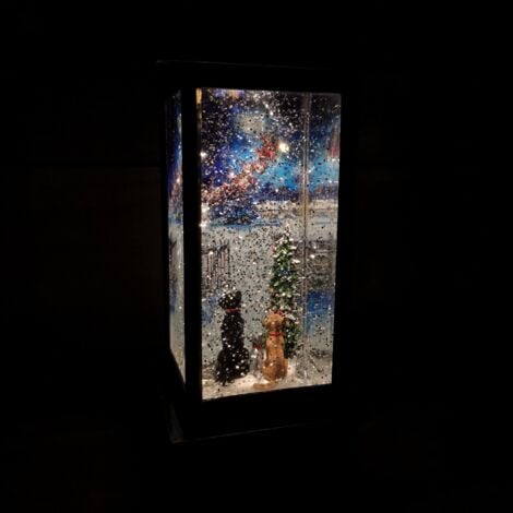 31cm Snowtime Dual Power LED Christmas Glitter Water Spinner Rustic Lantern Macneil 'Cats & Dogs Watching Santa' Scene