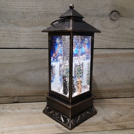 31cm Snowtime Dual Power LED Christmas Glitter Water Spinner Rustic Lantern Macneil 'Cats & Dogs Watching Santa' Scene