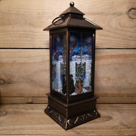 31cm Snowtime Dual Power LED Christmas Glitter Water Spinner Rustic Lantern Macneil 'Cats & Dogs Watching Santa' Scene