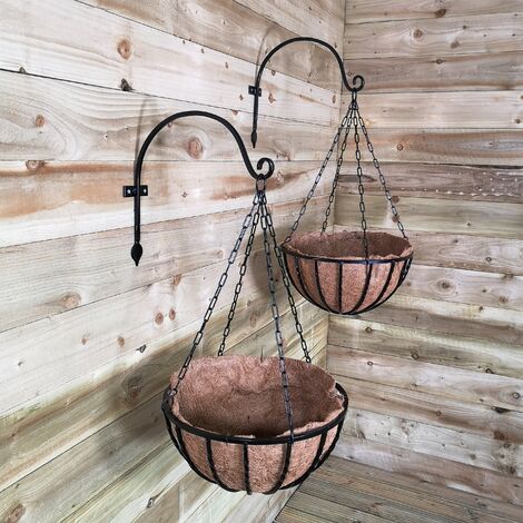 Pack of 2 Tom Chambers Heavy Duty Black Metal Steel Twisted Bar Design Garden Patio Hanging Basket with WaterSave Coco Fibre Liner 40cm - No Bracket