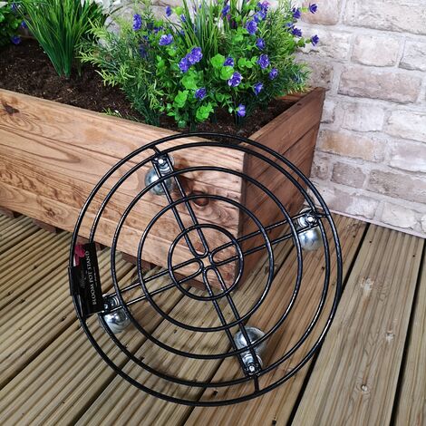 Tom Chambers Handcrafted Heavy Duty Round Black Metal Garden Patio Plant Flower Pot Stand Caddy Trolley on Strong Metal Castor Wheels 37cm