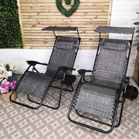 Pack of 2 Multi Position Garden Gravity Relaxer Chair Sun Loungers with Sun Canopy in Grey (1/5)