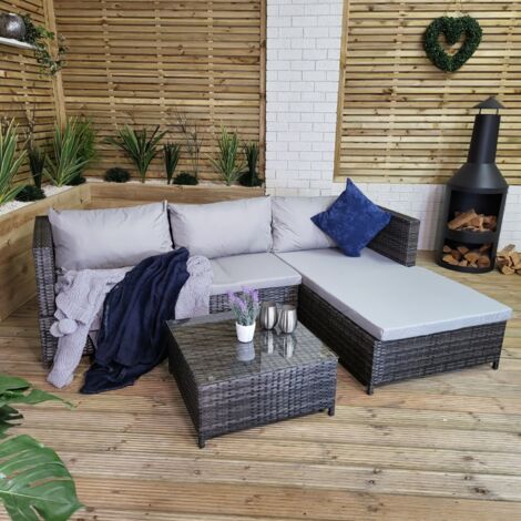 3PC 4 Seater Brown Rattan Chair Garden Sofa Set Daybed With Grey Cushions and Glass Top Coffee Table (1/5)