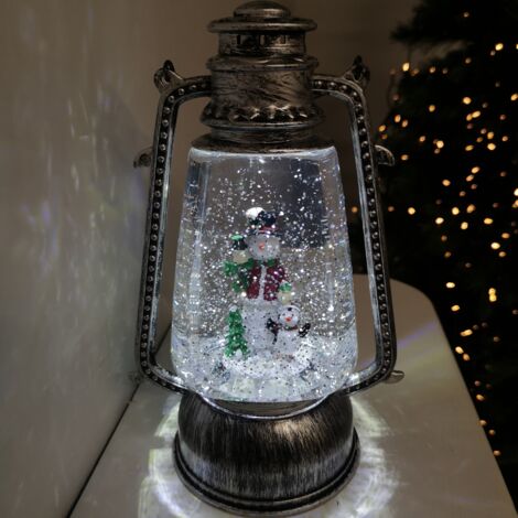 24cm Christmas  Water Spinner Antique Silver Effect Hurricane Lantern Style with Snowman & Penguin Scene