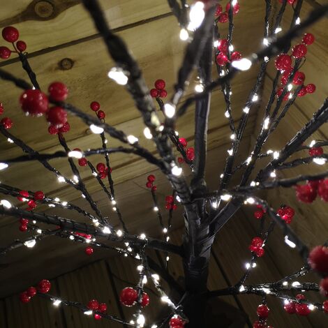 90cm 3ft Christmas Lit Black Twig Tree Red Berry 240 Warm White LED