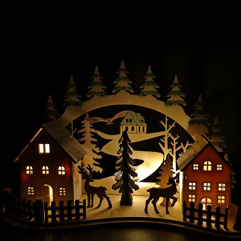 19cm Battery Operated Light up Christmas Wooden Village Scene with Reindeer & 5 Warm White LEDs (1/5)