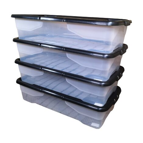 4 x 42L Clear Under Bed Storage Box with Black Lid, Stackable and Nestable Design Storage Solution (1/5)