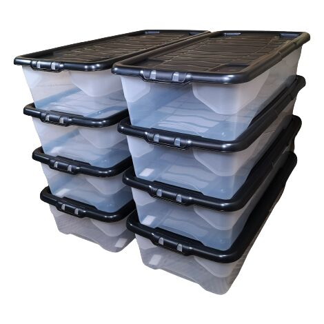 8 x 42L Clear Under Bed Storage Box with Black Lid, Stackable and Nestable Design Storage Solution (1/5)