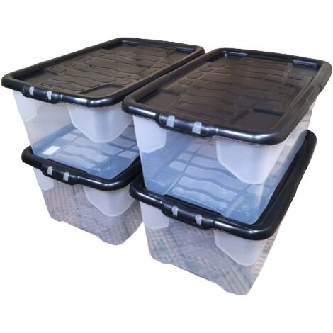 4 x 42L Clear Storage Box with Black Lid, Stackable and Nestable Design Storage Solution (1/5)