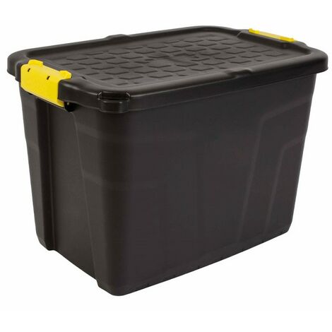 60L Heavy Duty Storage Tub Sturdy, Lockable, Stackable and Nestable Design Storage Chest with Clips in Black (1/5)