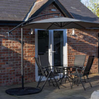 Outdoor 4 Person Round Glass Top Garden Dining Table Chairs With Grey Banana Parasol and Base