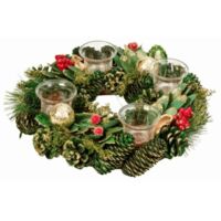 33cm Christmas Bauble Quartet Candle Holder with Pinecones and Red Berries