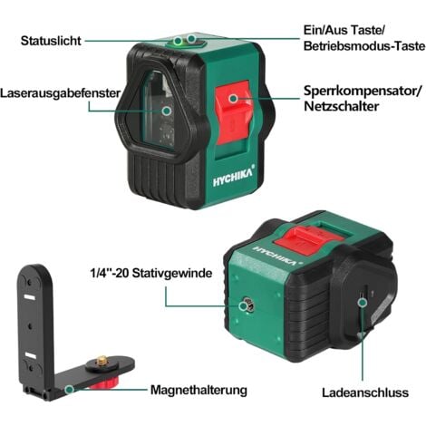 Hychika Kreuzlinienlaser 30 m, selbstnivellierender grüner Linienlaser 360° Grad umschaltbar horizontal/vertikal/Querlinie mit Magnethalterung, IP54, USB-Ladegerät und Schutzhülle