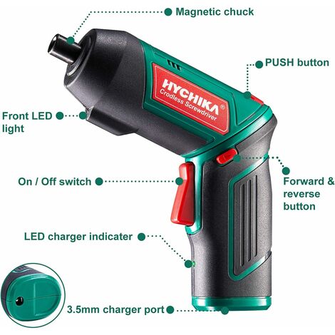 Destornillador Eléctrico 6N.m, HYCHIKA Atornillador Eléctrico Inalámbrico 3.6v Batería 2000mAh (Máximo Par 6 N.m) LED Luz, Mandril Magnético, Cargador con Cable 3.5mm, 20 Accesorios