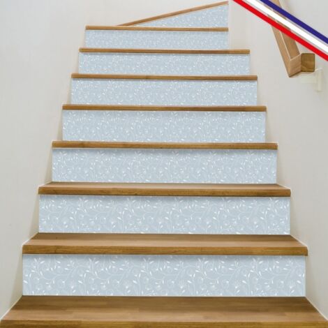 Contremarches adhésives PVC pour escalier - floral bleu - Lot de 5 (15x100 cm)