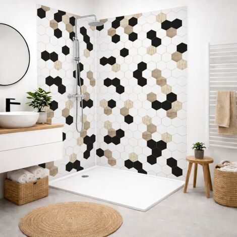 Lot de 2 panneaux de douche en PVC (90x220 & 120x220 cm) + profilés blanc - Mix Hexa - Multicolore