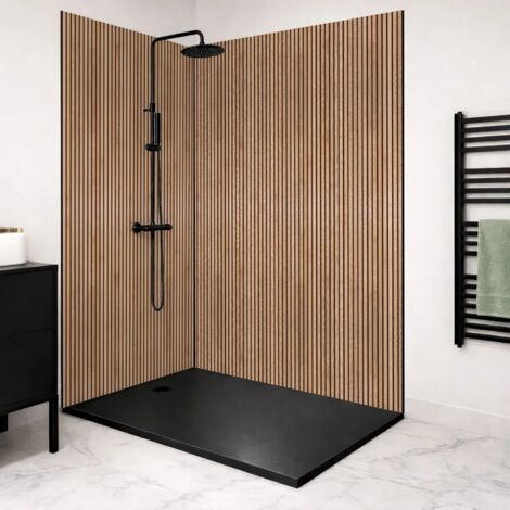 Lot de 2 panneaux de douche en PVC effet bois (90x220 & 120x220 cm) + marron et noir + profilés noir - Japandi