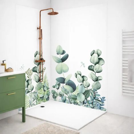 99Déco – Pack de 2 panneaux de douche en PVC 90x220 cm et 120x220 cm – Profilés blancs – Motif végétal vert et blanc – Faciles à poser et à nettoyer