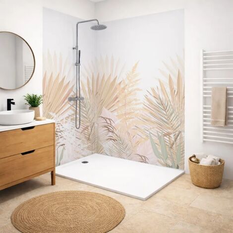 99Déco – Pack de 2 panneaux de douche en aluminium 90x220 cm et 120x220 cm – Profilés blancs – Motif végétal beige – Installation rapide et facile