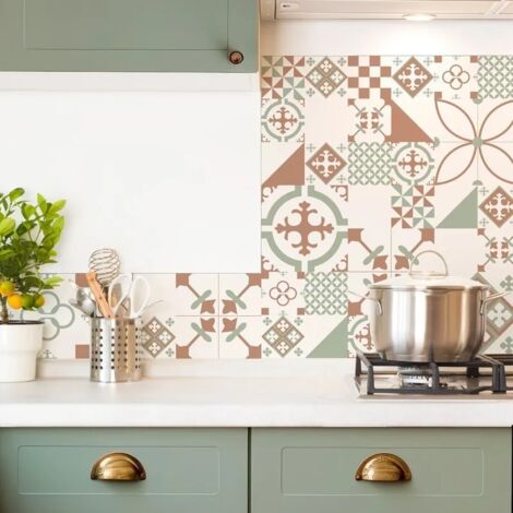99Déco – Crédence de cuisine en aluminium composite 300x20 cm – Effet carreaux de ciment vert terracotta – Résistante à l'humidité et à la chaleur (1/5)