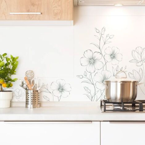 Fond de hotte en aluminium - motif floral vert et blanc - 70x60 cm