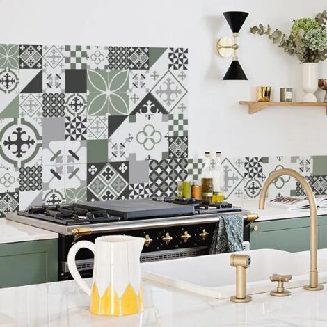 Crédence cuisine en aluminium - effet carreaux de ciment vert - 300x20 cm (en 3 bandeaux)