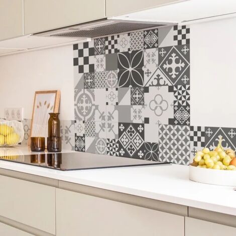 Crédence cuisine en aluminium - effet carreaux de ciment gris - 300x20 cm (en 3 bandeaux)