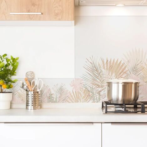Crédence cuisine en aluminium - floral beige et blanc - 300x20 cm (en 3 bandeaux)
