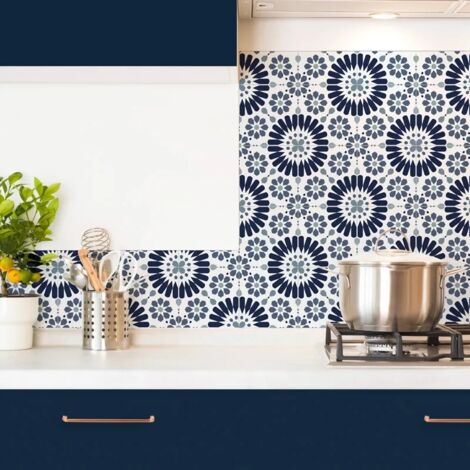 Crédence cuisine en aluminium - effet carreaux de ciment bleu - 270x20 cm (en 3 bandeaux)